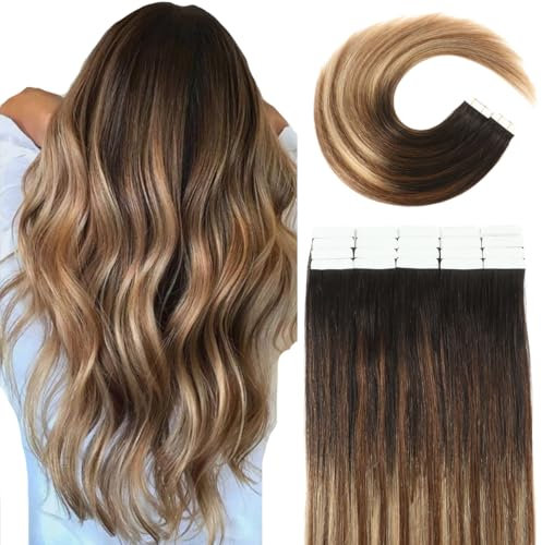 VINBAO Haarverlängerung, selbstklebend, Echthaar, Schwarz bis Braun, Schatten, Karamell, Blond, Extensions, Klebeband, Echthaar, 40 cm, 20 Stück/50 g (Tape#1B/4/27-40 cm)