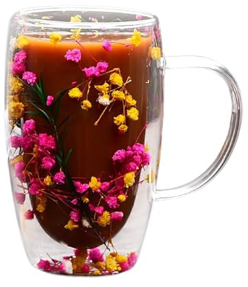 UIYIHIF Creative Flowers Tasse à café en Verre Transparent à Double Paroi avec Poignée, Tasse à café Esthétique en Fleurs Séchées, Tasse en Verre Transparent à Double Isolation pour (D)
