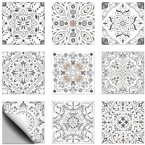 CHGCRAFT 18 Stück 9 Stil Retro Bohemian Geometric Pattern Fliese Aufkleber Wasserdicht Fliese Aufkleber Quadrat mit Blumenmuster für Küche Bad Schlafzimmer Wand Boden Dekoration, Floral, 6x6 Zoll