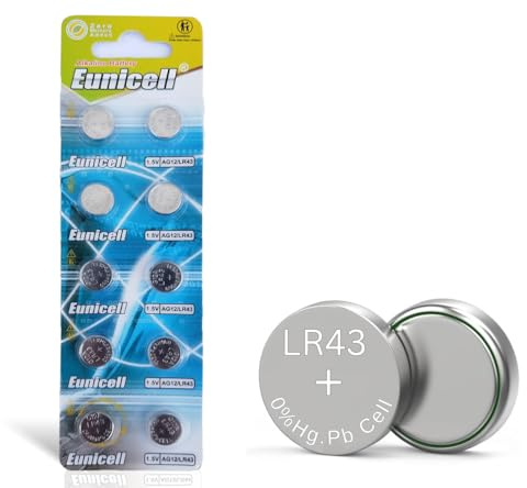 Pack of 10 - LR43/AG12 Eunicell 1.5V Button Coin Cell Alkaline Batteries - Suitable for use in LED lights, Digital Voice Recorders, Toys, Blood Glucose, Cholesterol Testing, Meters, Toys
