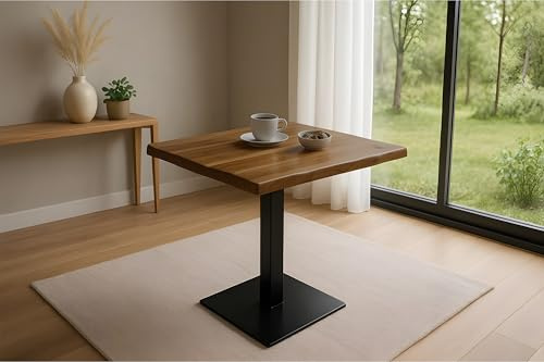 SAM Bistrotisch Iris 60x60 cm, Akazie Honig, Stempelfuß schwarz | Baumkantentisch massiv, Akazienholz honigfarben, echte Baumkante, Säulentisch/Esstisch aus Eisen