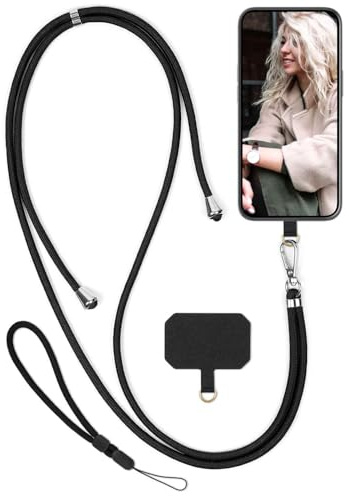 moex Unleash für Motorola Edge 60 Fusion Handyband zum Umhängen ohne Hülle, Handykette Universal mit Karabiner, Handy Band abnehmbar, Kette mit Pad für Handyhülle, Schwarz, Silber