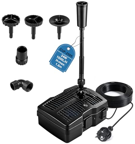 EXLECO Teichpumpe Außen mit UV Lampe 1000L/H 24W Teichfilter komplettset | mit Pumpe, 3 Fontänenaufsätzen, Filtermaterial, Springbrunnenpumpe, Filter Wasserpumpe, 10M Kabel für Brunnen, Teich