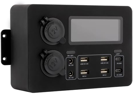12-24V Steckdose Hub Verteilerkasten,12 Ausgänge mit 2XUSB-C PD (100W/20W),2XQC3.0,4XAnderson,Mini Stromverteilerbox mit LED-Display,Überlastschutz,50A Belastbarkeit,für Auto,Marine
