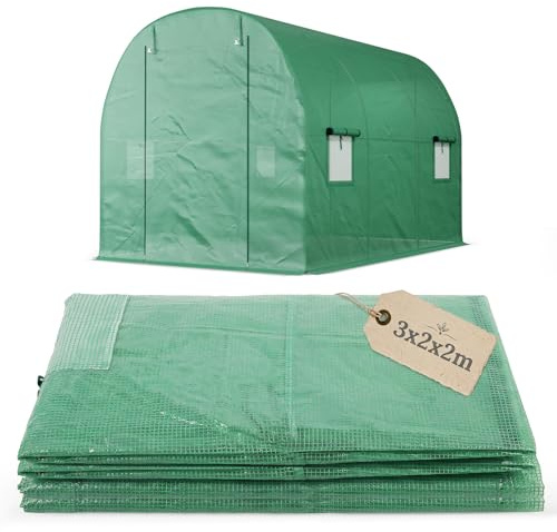 Sekey Ersatzfolie 3x2x2m für Folientunnel – 140g/m² PE Gitterfolie | mit 4 Fenstern & 2 Türen – UV-beständig & Reißfest – Ersatzabdeckung für Treibhaus & Tomatenhaus (Grün, Ohne Gestell)