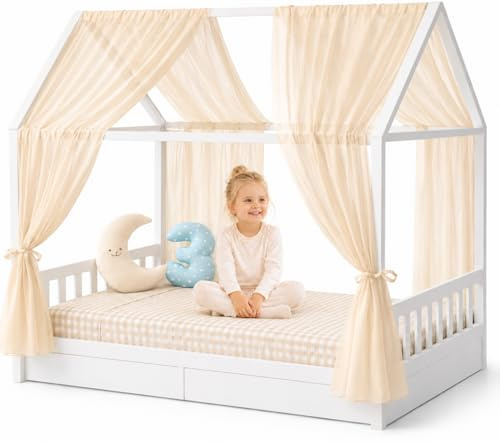 YellowNest Hausbett Himmel aus 100% Polyester – 2er Set - Atmungsaktiv und trapazierfähig – Betthimmel Baldachin für Kinderbett & Hausbett, Kinderzimmer Deko (Beige, 160 x 320 cm (2 Stück))