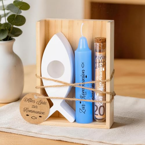 TUZELIYA Kommunion Geschenke für Jungen - Kerzenset mit Fisch Kerzenständer Reagenzglas in Holzbox - Erstkommunion Geschenke Junge, Geldgeschenk Kommunion