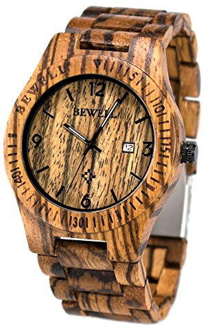 BEWELL Herren Natur Hölzerne Uhr Retro Quartz Analog Armbanduhr mit Kalender Anzeige und leuchtenden Zeiger Hölzerne Armband