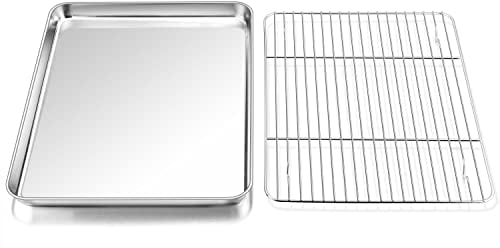 P&P CHEF Toaster-Ofenblech und -rost-Set, rechteckig, 32,5 x 24,6 x 2,5 cm, ungiftig und gesund, strapazierfähig und rostfrei, spülmaschinenfest