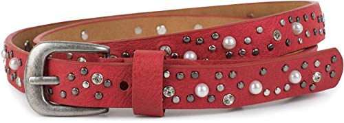 styleBREAKER schmaler Gürtel mit Nieten, Perlen und Strass, Vintage Nietengürtel, kürzbar, Damen 03010086, Farbe:Bordeaux-Rot, Größe:95cm