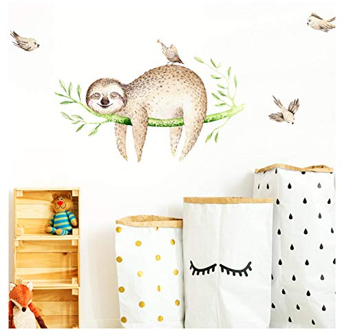 Little Deco Wandtattoo Faultier auf AST & Vögel I (BxH) 46 x 30 cm I Kinderzimmer Babyzimmer Aufkleber Sticker Wandaufkleber Wandsticker Klebeposter Stickers DL147