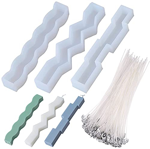 Cayway 103 PCS Candle Silicone Mould Resin Casting Candles Epoxy Mould for Resin, 3 PCS Long Wave Candle Resin Moulds and 100 PCS Candle Wick for Candle Making, Pillar Candle Silicone Moulds DIY