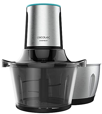 Cecotec Hachoir pour viande et légumes ChopBeat 1500 TitanBlack Glass&Steel. 600 W, avec 4 lames en titane noir, deux bols, un en verre et un en acier inoxydable d’1,5 L et deux vitesses.