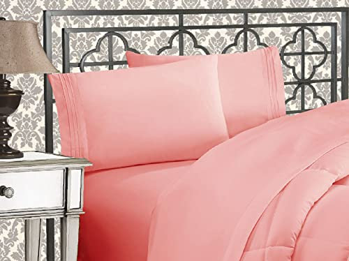 Elegant Comfort Parure de lit Douce de 4 pièces à Contexture de 1500 Fils avec Broderie à Trois Lignes, résistante aux Plis et à la décoloration, pour lit Double, Rose poudré