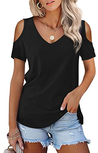 Beluring Womens Tops Casual Short Sleeve V Neck Cold Shoulder Loose Tee Shirts Black Size 22 24