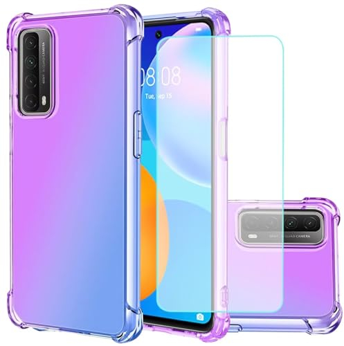 Jhxtech für Huawei P Smart 2021 6.67 Hülle mit gehärtetem Glas Displayschutz, Transparente Verlauf Handyhülle, Schlankes kratzfestes TPU Hülle stoßfeste Schutzhülle für Huawei P Smart 2021 lila/blau