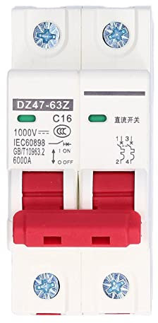 Tissting Disyuntor DC, Interruptor de Circuito en Miniatura DZ47-63Z 2P 16A 1000V PA66 Protección contra Sobrecargas y Cortocircuitos, Montaje en Riel DIN para Instalaciones Solares y Marinas