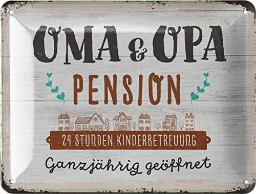 LANOLU Retro Blechschild OMA UND OPA PENSION - lustiges Türschild als Geschenk - Metallschild mit Sprüchen - für Großeltern die Ihre Enkelkinder lieben - in Holzschild Optik, 15x20 cm