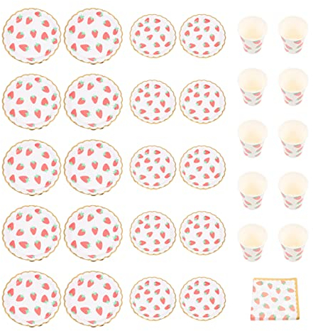 ifundom 50 Pieces Strawberry Party Tableware Set Disposable Dinnerware Set Includes 20 Plates 10 Cups 20 Napkins for Summer Tropical Berry First Birthday Party Wedding Baby Shower