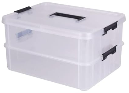 IGNPION 2-Tier Stackable Craft Storage Box Plastic Adjustable Storage Containers with Carry Handle Transparent Containers Organiser for Art & Craft Toys, Sewing Accessories, Black