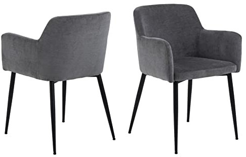 AC Design Furniture Karla Esszimmerstühle mit Rückenlehne 2er-Set, Gepolsterter Esszimmerstuhl im modernen Stil, dunkelgrauer Gepolsterter Stoffsitz mit Schwarzen Metallbeinen, Bürostuhl ohne Rollen