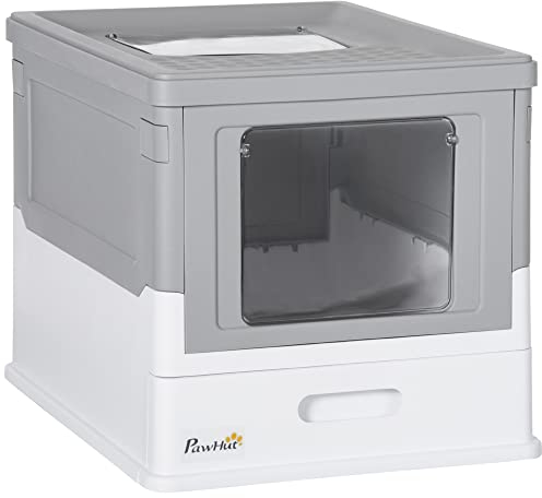 PawHut Bac à litière pour Chat Maison de Toilette fermé Pliable Double Porte battante et supérieure + Pelle + tiroir à litière Nettoyage Facile - 47,5 x 35,5 x 36,7 cm Gris Blanc