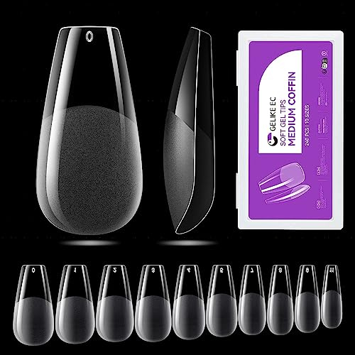 Gelike ec Mittlere Coffin Nagelspitzen – Vollständige Abdeckung weiche Mittlere Coffin Nageltips Vorpolierte Künstliche Nagelspitzen aus PMMA-Harz für Frauen Salon 240 Stück 10 Größen