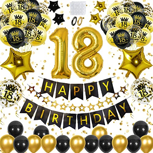 18 Geburtstag Männer Deko - Schwarzes Gold Luftballons für Männer/Frauen Mit Happy Birthday Banner, Konfetti Luftballons für Dekoration