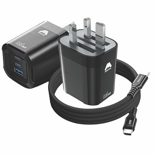 Mobitel USB-C Charger Plug, 65W Fast Charger Foldable UK Plug - PD Power Adapter + QC Type C Charging Plug (3 Port) with 60W C-to-C Cable, Compatible with MacBook/iPhone/iPad/All USB C Devices (Black)