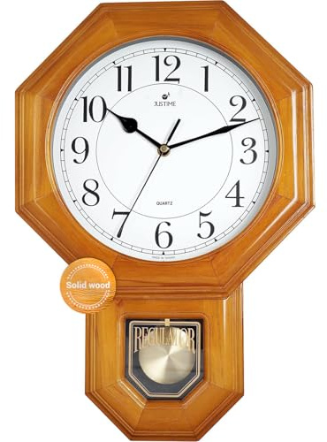 JUSTIME Traditional Schoolhouse Solid Wood Pendulum Wall Clock Chimes Hourly with Westminster Melody Chime (Natural Wood w/Westminster Chime) Made in Taiwan