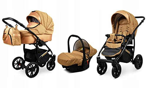 BabyLux® Bambimo Kinderwagen Set 3 in 1 - Miracle - incl. Babywanne, Buggy Sportsitz, Auto-Babyschale - Autositz - Kinderwagenset - Kombikinderwagen mit Wickeltasche, Regenschutz usw.