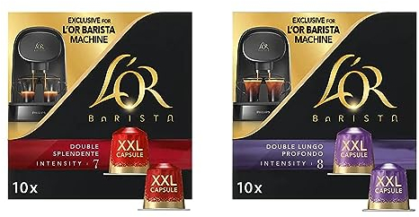 L'OR - Capsules XXL - Splendente - Intensité 7 - Torréfaction Légère & Capsules XXL - Lungo Profondo - Intensité 8 - Compatibilité Exclusive L'OR BARISTA® - 5 lots de 10 capsules aluminium