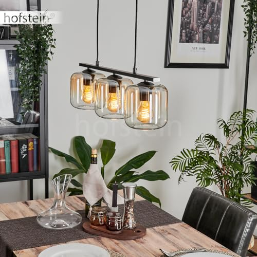 Pendelleuchte Lauden, Hängeleuchte aus Metall/Glas in Schwarz/Bernsteinfarben/Klar, Leuchte im Vintage/Retro Design, Schirme aus Glas (Ø 15 cm), 3-flammig, Höhe max. 116,5cm, 3x E27, ohne Leuchtmittel