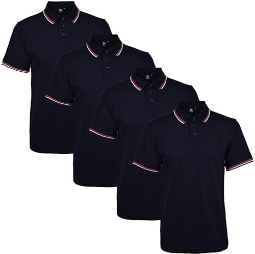 True Face Mens Tshirts Polos Pique Tipping Pocket Collar Buttoned Regular Fit Top Navy Tip - 4 Pack L