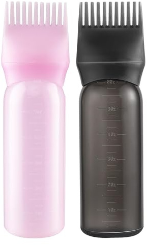 Pairswind 200ml Black & Pink Reusable Plastic Hair Oiling & Dye Application Bottle with Mist Spray & Continuous Spray, 3.2 x 6.1 Rectangular Bottle, 2-Pack with Scalp Massage Comb