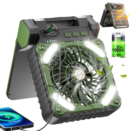 Clemas Ventilador de camping alimentado por energía solar con luces, ventilador de refrigeración para exteriores, linterna LED, 10000 mAh, 10400 mAh, recargable, para tiendas de campaña, ventilador