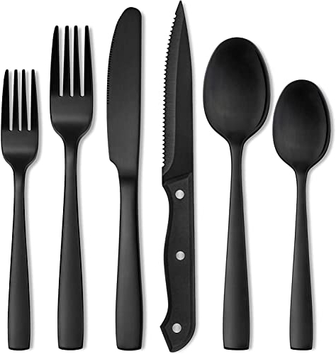 Ensemble de couverts noir mat 36 pièces, ensemble d'argenterie pour 6 personnes, ensemble de couverts en acier inoxydable 18/10 pour la maison, la cuisine, l'hôtel, le restaurant, comprenant couteaux