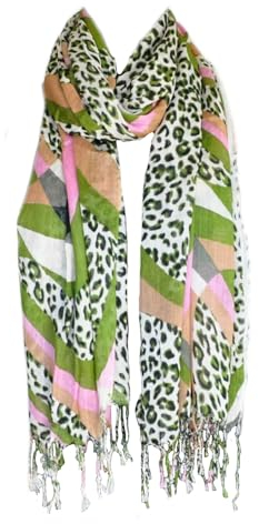 Damen Leo Leopard Stola Schal Halstuch Tuch Langschal Kopftuch Fransen Lang (Grün)