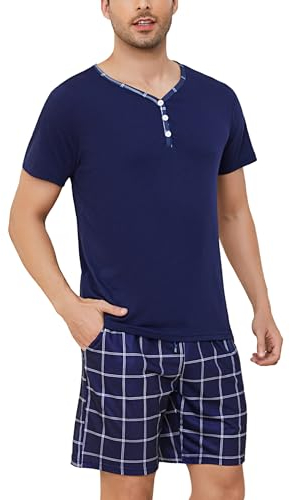 Irdcomps Pyjama Homme Ete Coton Ensembles de Pyjama Court Short à Carreaux Col V à Manches Courtes Vêtements De Nuit Décontracté Été Vêtements de Détente Confortable Bleu Marine XL