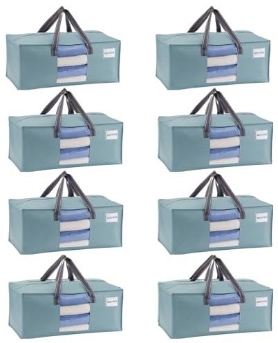 VENO Large Heavy-Duty Moving Bags with Window, Organizer Foldable Storage Box, College Dorm Clothes Collapsible Bins, Reusable Packing Supplies Under Bed Storage Tote Bag (Light Blue Matte, 8 Pack)