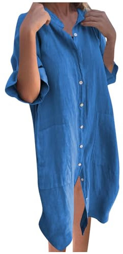 Cotone Lino Abito Donna Estivi Tinta Unita Scollo A V Mezza Manica Abito Casual Cotone E Lino Vestito Linea A Ginocchio Vestiti Mini Abito Dress Vestito Donna da Casa Vestito Donna Elegante Curvy