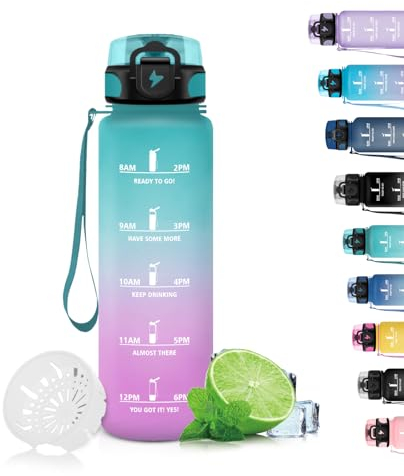 Grsta Gourde, 500ml Gourde Enfant, Gourde Sport Anti-Fuite, Gourde Heure, Facile à Nettoyer, Gourde Motivation avec Marqueur de Temps, Gourde Reutilisable, pour Running, Randonnée, Camping, Vert-Rose