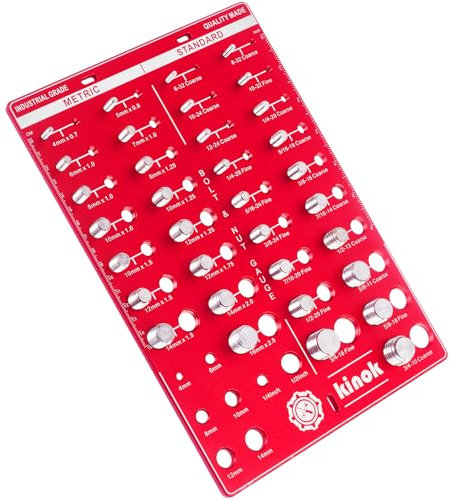 Kinok - 42 Muttern und Schrauben, Gewindemessgerät, Größe und Gewindelehre, 19 Standard- und 15 metrische Größen, 8 Bit-Messgeräte mit Zentimeter und Zoll-Lineal, rot
