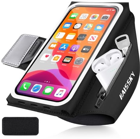Armband für Handy zum Laufen mit Kopfhörertasche, Handy-Halterung für iPhone 16, 15, 14, 13, 12, 11 Pro Max, Galaxy S21-S24, ultra-wasserdichtes Armband mit Auto-Hausschlüssel