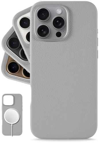 LONLI Urban - für iPhone 16 Pro hülle Leder - Europäische Echte Pebble Lederhandyhülle - Europäische Eleganz, Modernes Design - [Kompatibel mit Magsafe] - Silbergrau