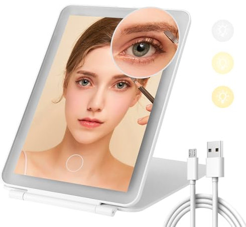 Farerkass Espejo Maquillaje con Luz Portátil Plegable, 3 Colores de Luz, Interruptor Táctil, Brillo Ajustable, Espejo Tocador con Luz Incluye Espejo Aumento 10x para Doméstico, Viajes (Blanco)