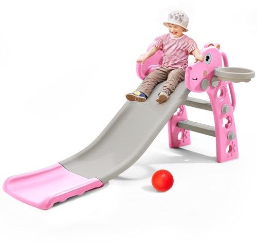 FUKEA Kids Slide, Toddler Slide with Climbing Frame, Basketball Hoop, Basketball, Indoor Outdoor Garden Slides for Toddlers Age 1-6, Pink Dinosaur