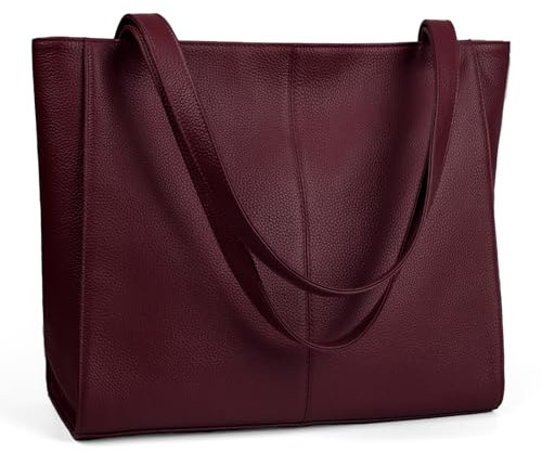 befen Echtleder Handtasche Damen Groß Shopper Tasche mit 14 Zoll Laptopfach, Mode Leder Tote Bag Schule Arbeit Freizeit Henkeltasche mit Reißverschluss,Weinrot