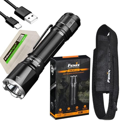 Fenix Linterna táctica LED TK16 V2.0 de 3100 lúmenes, recargable por USB, luz de larga duración, con funda de transporte de batería BBX5