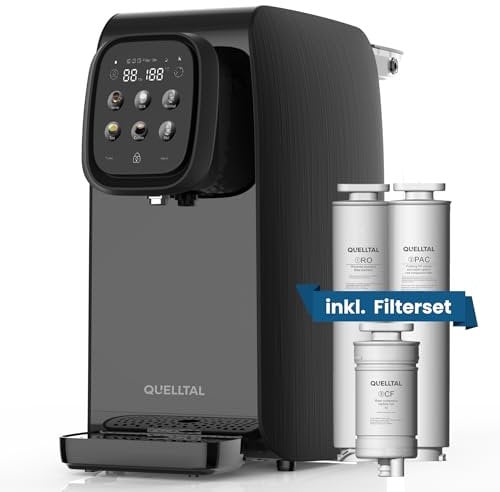 Quelltal Pro 5-in-1 Osmoseanlage [Schwarz | 6 Temperaturstufen | 5 Filterstufen] – Mobiler Wasserfilter ohne Anschluss – Umkehrosmose für Küche, Büro & Wohnmobil – Kalkfreies, reines Trinkwasser